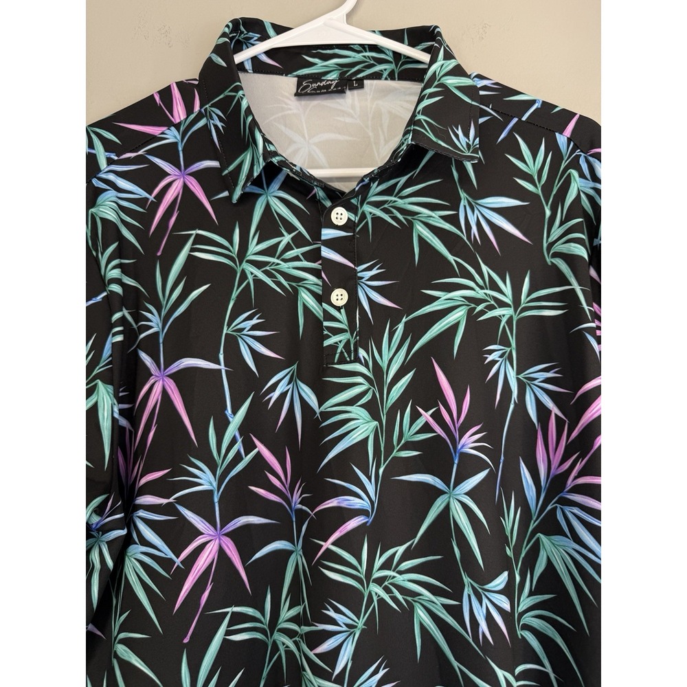 Sunday Swagger Tahiti Performance Golf Polo Shirt Men's Large Neon Bamboo Leaves